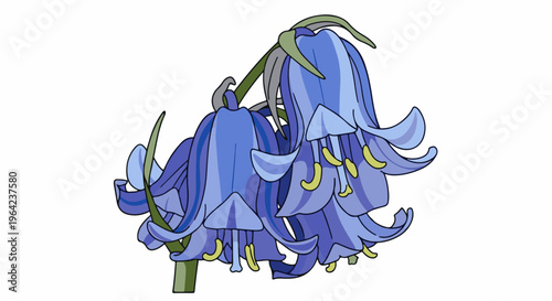 Stylized bluebell flowers in vibrant purple and green hues