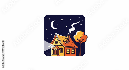 A cozy illuminated house sits under a starry night sky