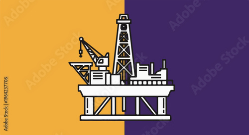 Stylized illustration of a white oil rig on a split orange and purple background