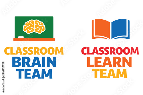 Classroom brain team and learn team depicted with chalkboard and open book.