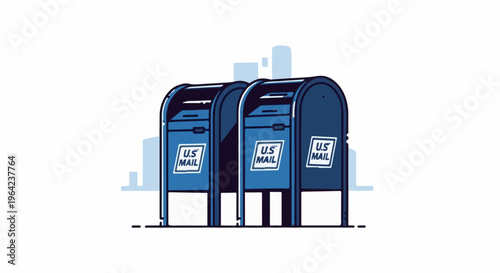 Two blue mailboxes stand side-by-side against a white background with abstract city skyline