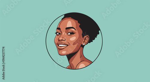 Stylized portrait of a smiling Black woman with short hair in a circle