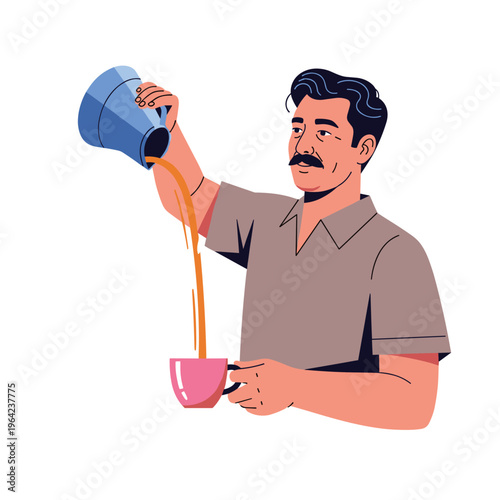 Man Pouring Tea into Cup - Illustrated Flat Style