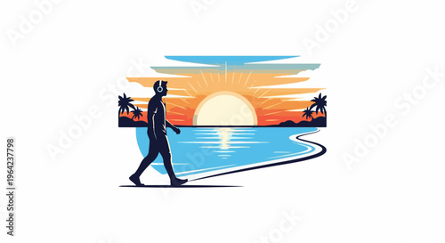 Silhouette of a person walking by a beach at sunset with headphones on
