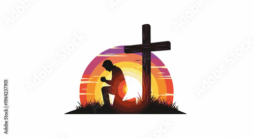 Silhouette of a man kneeling in prayer by a cross during a colorful sunset