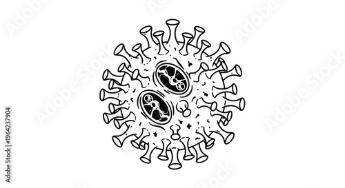 Coronavirus or germ cell illustration in black and white line art showing detailed structures and spikes on a clean white background.