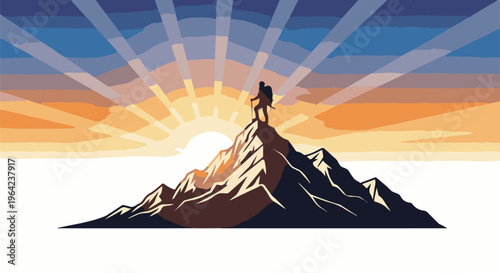 Silhouette of a hiker standing on a mountain peak at sunrise