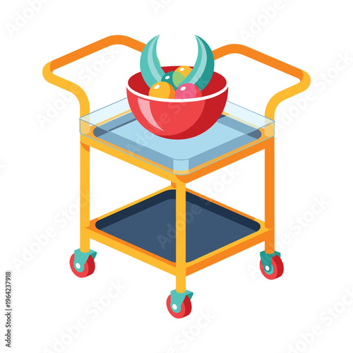 Isometric Serving Cart with Fruit Bowl and Decorative Leaves