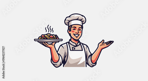 Smiling chef proudly presents a steaming plate of pasta in a cartoon style