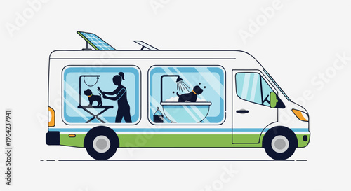 Solar-powered van offers mobile dog grooming services with a bath and drying station