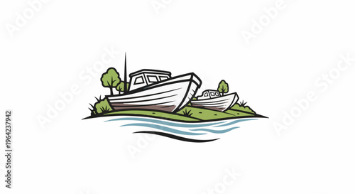 Two boats rest on a grassy shore with trees and calm water