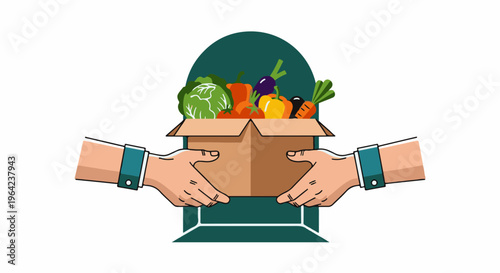 Two hands holding a box overflowing with fresh vegetables on a white background