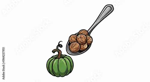 Spoonful of seeds next to a small, green pumpkin