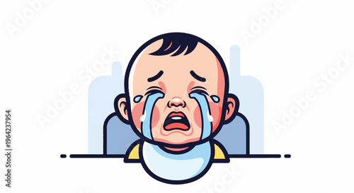 A cartoon baby with large, watery eyes cries intensely, wearing a bib