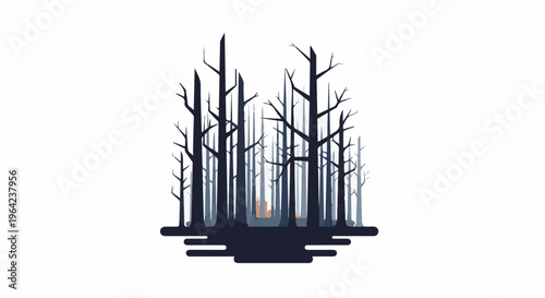 Silhouetted bare trees creating a dense, dark forest at dusk