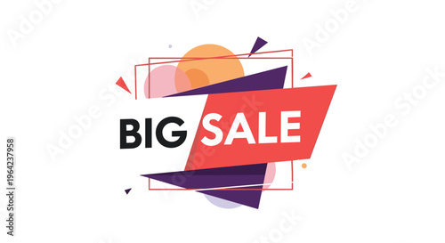 Big sale promotional banner with bold black and white text layered over colorful abstract geometric shapes and overlapping rectangles.