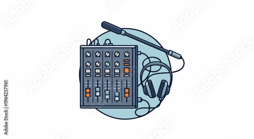 Audio mixing board with microphone and headphones for sound recording