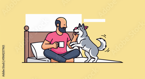 Man in bed with coffee and playful dog