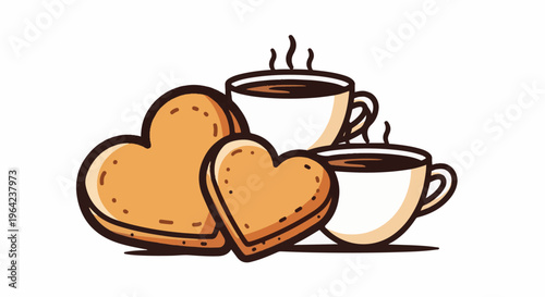 Two steaming cups of coffee beside two heart-shaped cookies