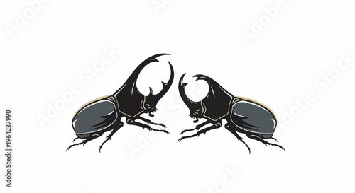 Two stylized rhinoceros beetles with large, curved horns confront each other