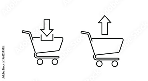 Shopping cart icons showing items being added and removed with downward and upward arrows in a clean black line art style on white.