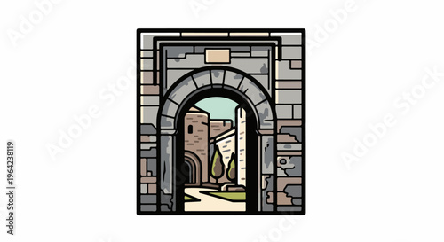 Stone archway reveals a quaint European courtyard with trees and buildings