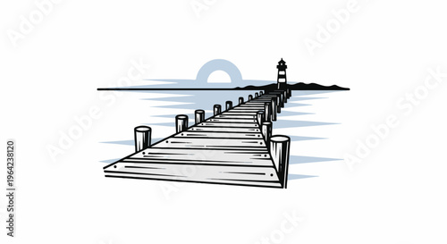 Wooden pier leads to a distant lighthouse under a soft sun and calm water