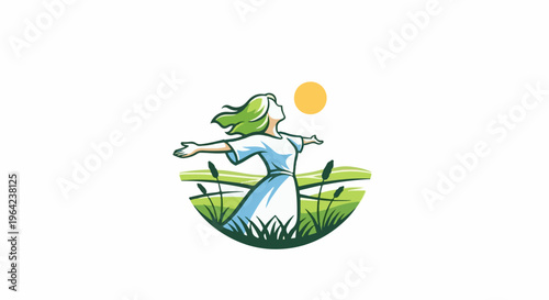 Woman in white dress with green hair and open arms in a field at sunrise