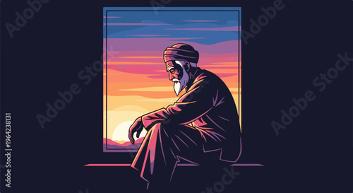 An elderly man sits and watches a colorful sunset, looking thoughtful