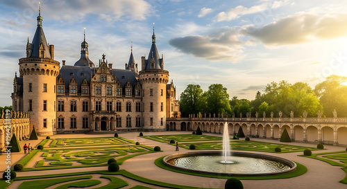 Majestic european castle with detailed architecture and manicured gardens on transparent background