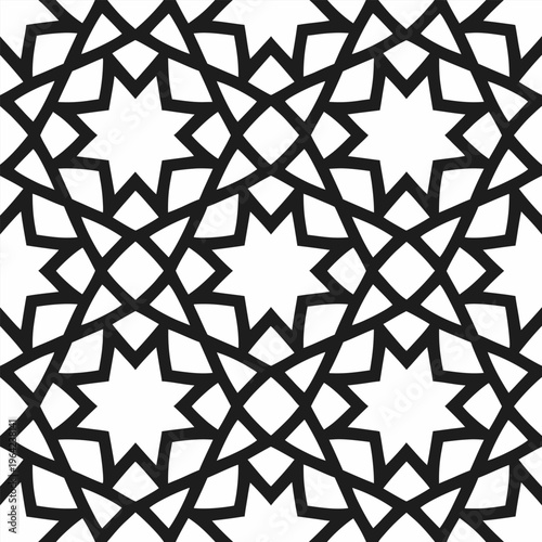 Seamless Black and White Islamic Geometric Pattern; Traditional Arabic Star Ornament Vector Background for Ramadan, Eid, Branding, and Interior Design Wallpaper