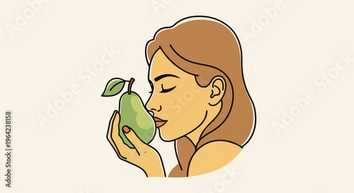 Woman smelling a ripe green pear, closed eyes, soft tones, stylized art