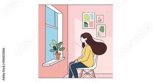 Woman sitting indoors, looking out a window with a plant