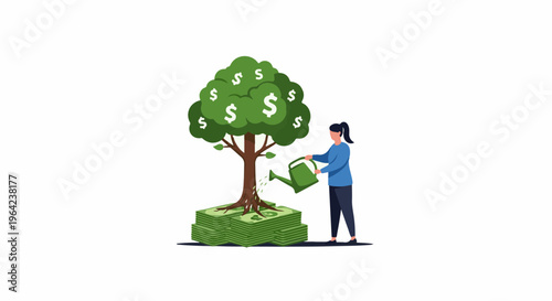 Woman watering money tree growing from stack of bills