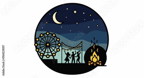 People dancing under string lights by a Ferris wheel and campfire at night