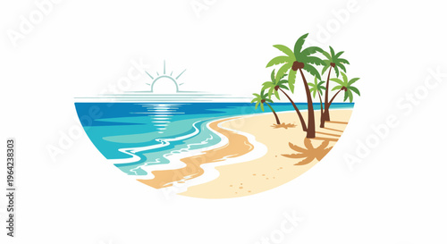 A stylized tropical beach with palm trees and the sun on the horizon