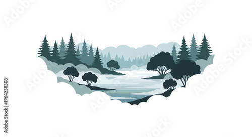 Pixelated forest landscape with trees framing a serene body of water