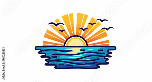 Stylized sunrise over ocean with birds in flight