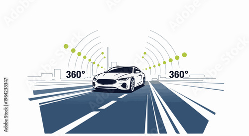 White car driving on a road towards a city skyline with 360 degree sensors