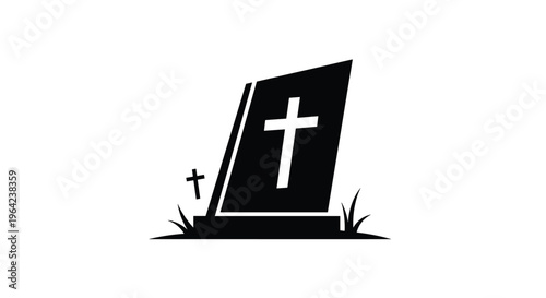 Tombstone silhouette with a white cross emblem standing in short grass against a clean white background in a simple minimalist style.