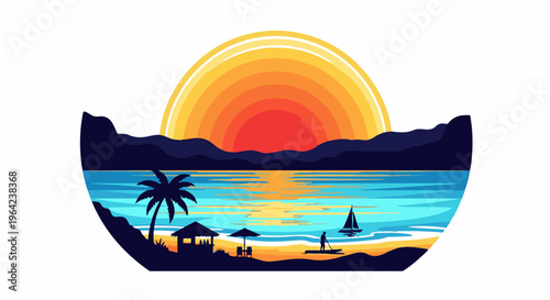 Sunset over tranquil tropical bay with distant mountains and island