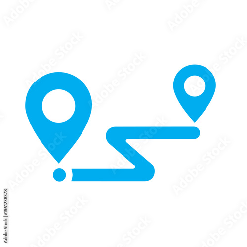 Bright blue map markers connected by a winding path visually communicate a multi-stop navigational sequence across a clean white.