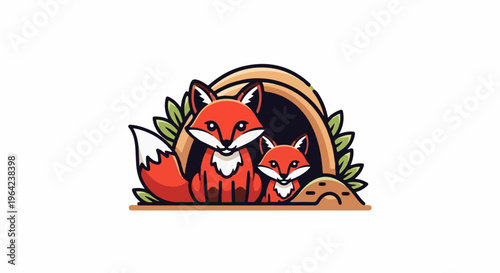 Two cute foxes, one large and one small, sit by their den
