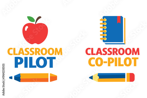 Classroom pilot and co-pilot with school supplies for educational roles in learning.