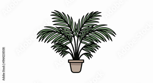 A simple, cartoon-style illustration of a green palm plant in a tan pot