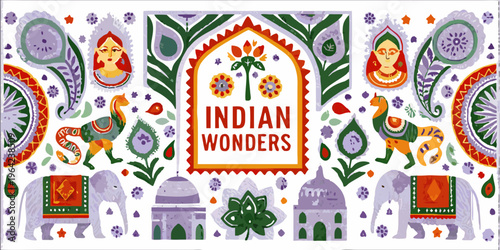 Colorful indian wonders banner with elephants peacocks and traditional motifs