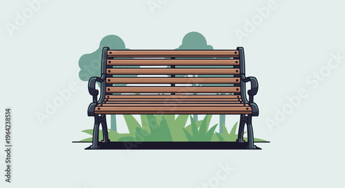 A simple, stylized wooden park bench sits amidst green foliage under sparse trees