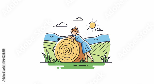 Woman in blue dress leans on hay bale in sunny rural landscape
