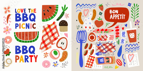 Colorful illustration featuring summer barbecue and picnic themed doodles and text