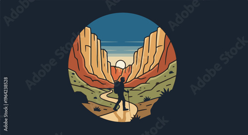 Silhouette hiker walks through canyon with sunrise